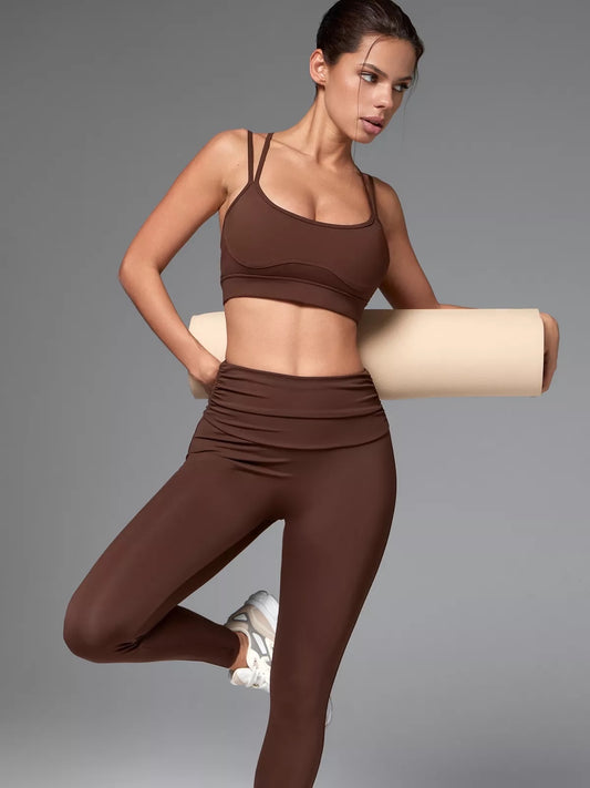 Brown Performance Leggings with Ruched High-Rise Waistband