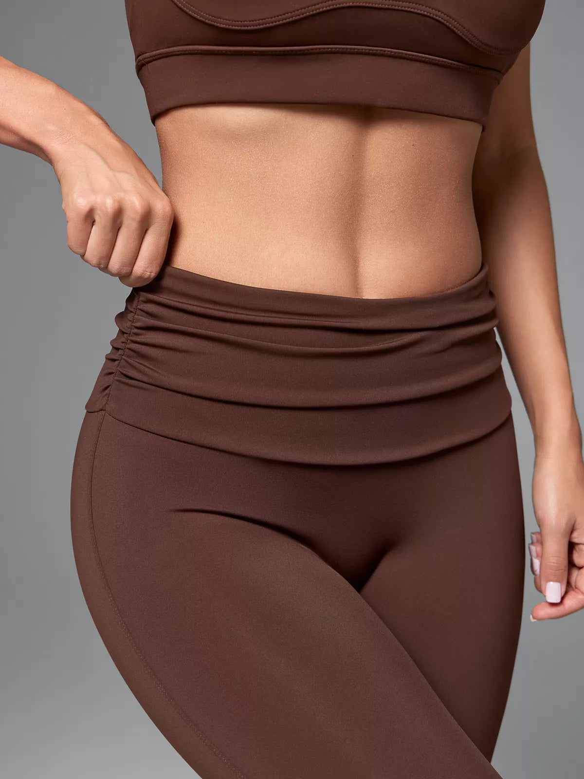 Brown Performance Leggings with Ruched High-Rise Waistband