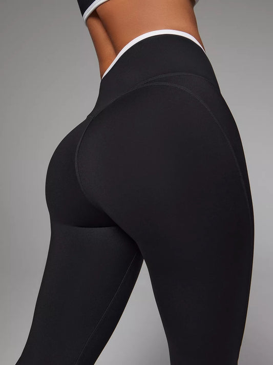Black Performance Leggings with Crossover High-Rise Waistband